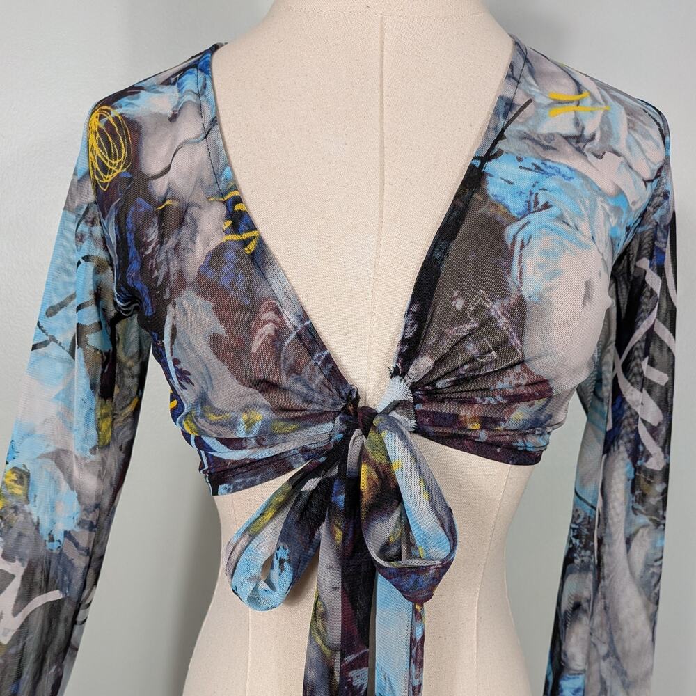 Y2K Mesh Shrug Top S Blue Back Crop Fairy Whimsigoth Tie Cardigan Floral Euro - Picture 5 of 11